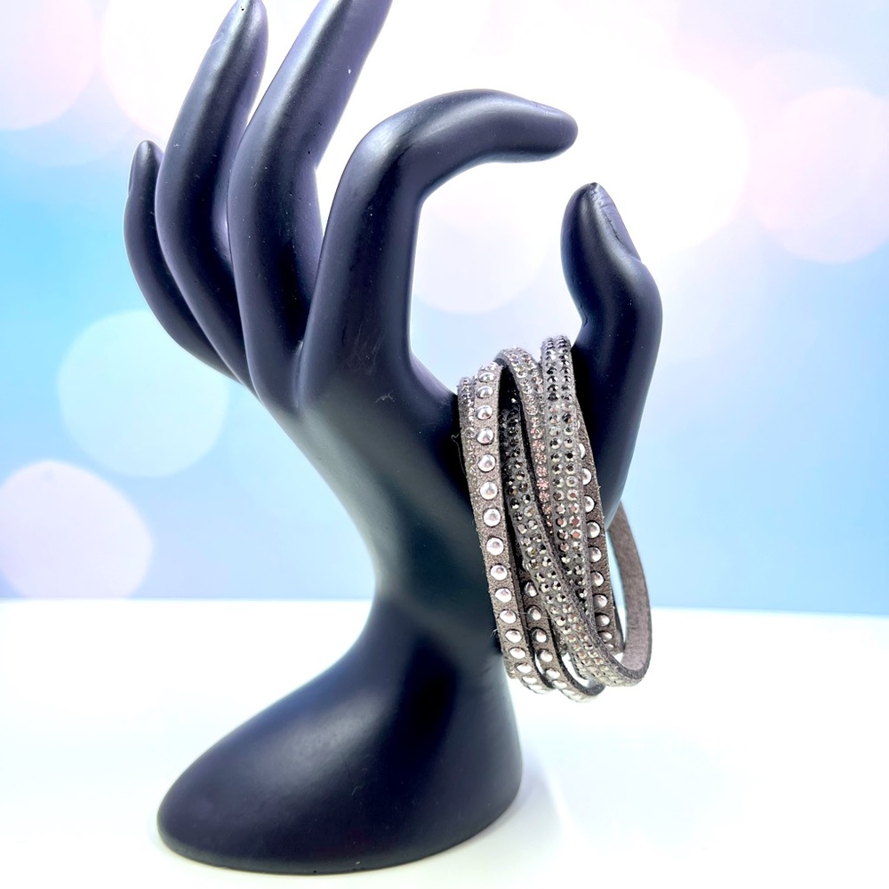 Vintage Y2K Faux Leather and Rhinestone Double Wrap Bracelet